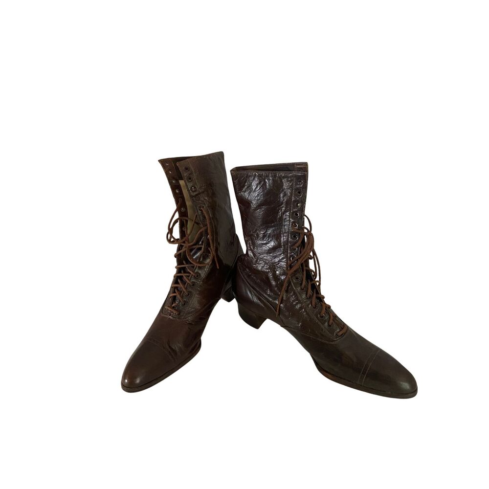 Antique Black Diamond Brown Leather Victorian Lace-Up Boots Women’s 7M